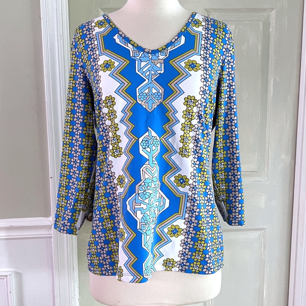 J.McLaughlin Catalina Cloth Top L Womens 3/4 Sleeve Geometric Floral Blue Preppy